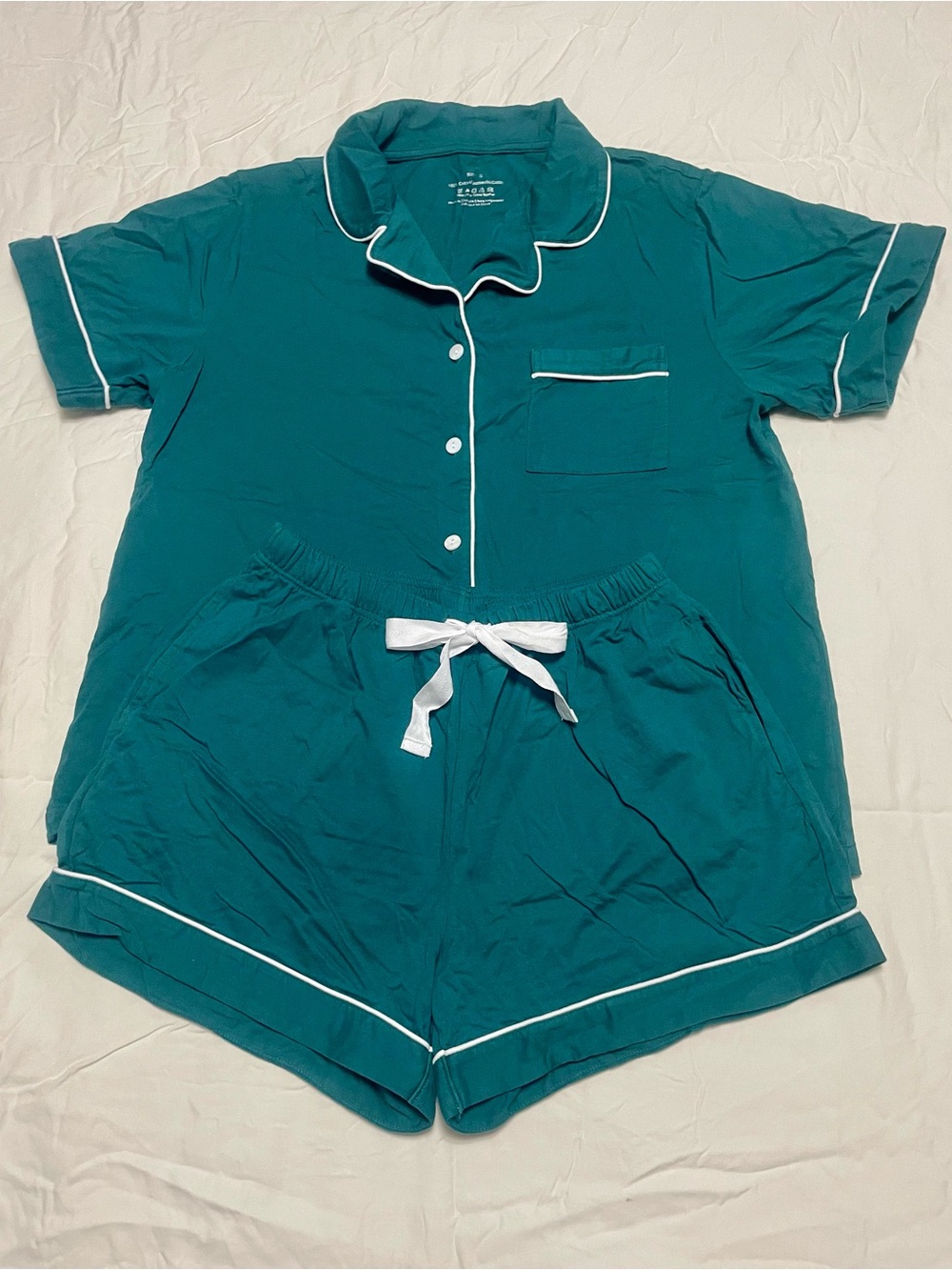 100% Cotton Short Sleeve Pajama Set Green White Contrast Piping S